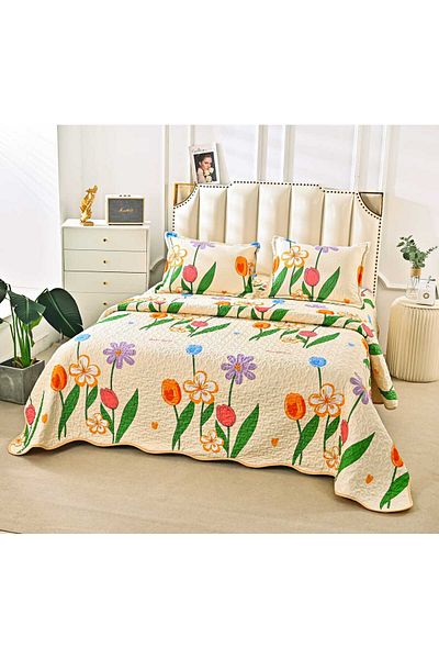 FIONNA.RO Quilted Cotton Quilt With Two Sides - Beautiful Flowers