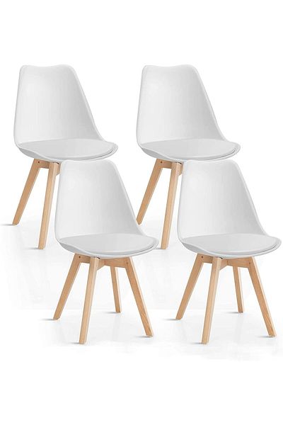 AWF AL WADI FURNITURE Eamy Set of 4 White Tulip Design Mid Century Modern Upholstered Dining Chairs White & Beech