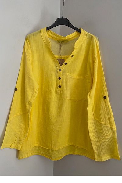 AYASOFYA OTANTIK Women's Yellow Pocket Sleeves and Mesh Detail on the Back Foldable Sleeves Cotton Linen Blouse