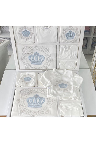 Pure Kids Store Kutulu %100 Organik Pamuk 10 Parça Kız ve Erkek Bebek Taç Nakışlı Hastane Çıkış Zıbın Seti