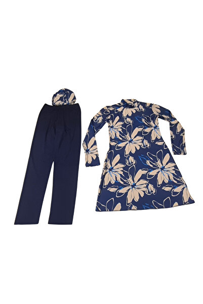 Glowzia بدلة سباحة نسائية محتشمة منقوشة بالزهور باللون الأزرق الداكن