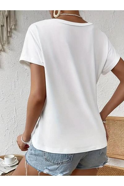 Butik Women's Short Sleeve Asymmetrical Cut Waist Shirring Knot Detail Viscose Blouse