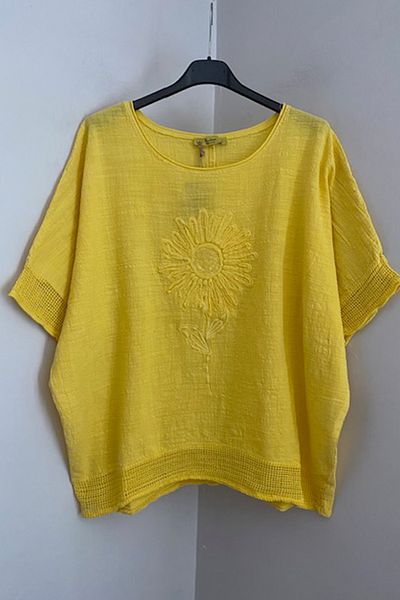 AYASOFYA OTANTIK Women's Yellow Round Neck Applique Sequin Daisy Patterned 3/4 Sleeve Oversize Loose Linen Blouse