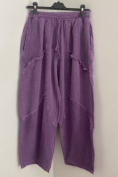 AYASOFYA OTANTIK Women's Purple Elastic Waist Lace-Up Mesh Dirty Stitching Piece Pocket Wide Leg Loose Linen Trousers