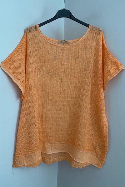 AYASOFYA OTANTIK Women's Orange Mesh Short Sleeve Loose Oversize Mesh Blouse
