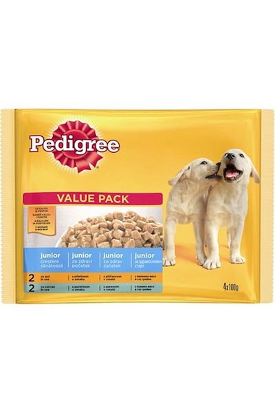 Pedigree Pachet 4 X Hrană Umedă Pentru Câini Junior, Vită, Pui Și Orez În Jeleu, 4 X 100g