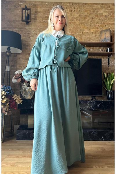 Cardella Women's Summer Tncl Fabric Tie-Up Double Suit Stone Printed Hijab Compatible