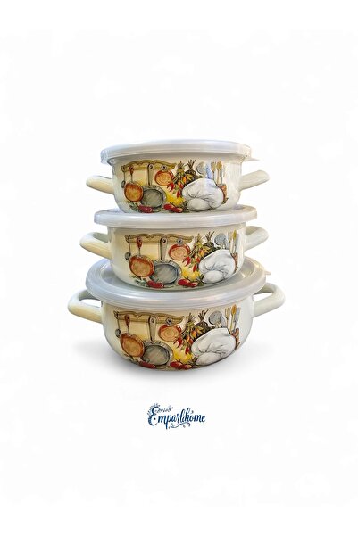 Emparlahome Enamel 3-Piece Cooking and Storage Pot Set (12Cm-14Cm-16Cm) Patterned