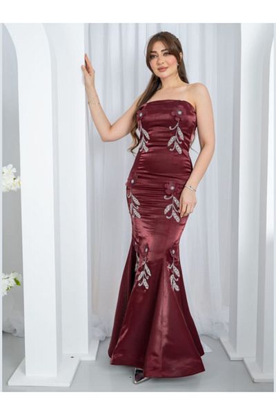 Nice Model Elegant Burgundy Mermaid Evening Dress with Floral Embroidery - Strapless Formal Gown
