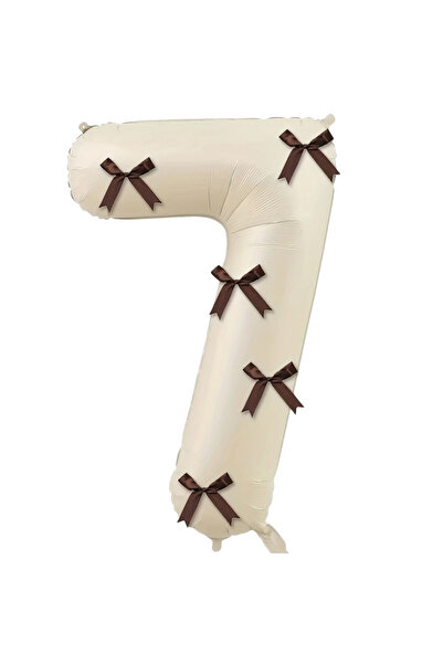 PartyPoo Beige Number Foil Balloon with Brown Bow 80cm 34 Inch Bow Balloon, R...