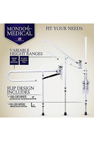 Stander Mondo Medical Bathroom Toilet Grab Bar - White Stainless Steel Foldable Toilet Support Aid Rail with