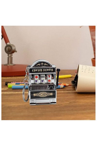 dalimag Slot Machine Model Keychain, Functional Mechanism, 4x6 cm, Plastic, Silver