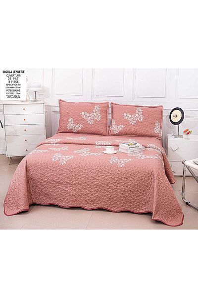 FIONNA.RO Double-Sided Quilted Cotton Blanket - Pink With Lace Butterflies