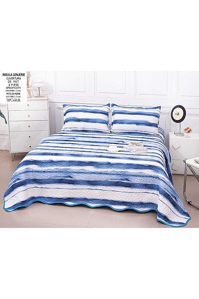 FIONNA.RO Double-Sided Quilted Cotton Blanket - Navy Blue Stripes