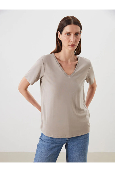 LC Waikiki Lcwaikiki Classic Beige V-Neck Women's T-Shirt