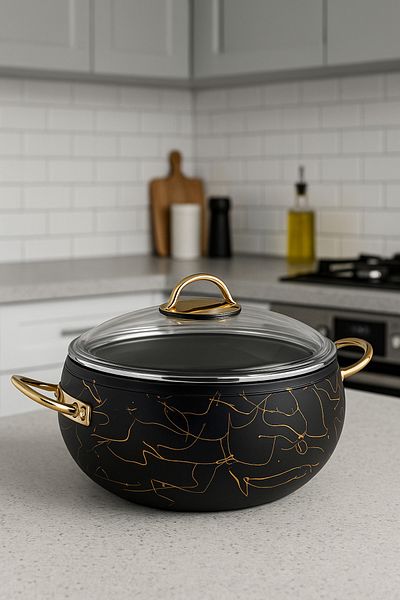 YUNUSOĞLU HOME 28 cm Flattened Stew Pot – 3.5 Liters, Gold Handle, 4 mm Granite Coating, Fireproof Non-Stick