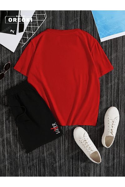 EFFRENATU Not a Lover Loser Printed Cotton Unisex Red T-Shirt-Black Shorts Set