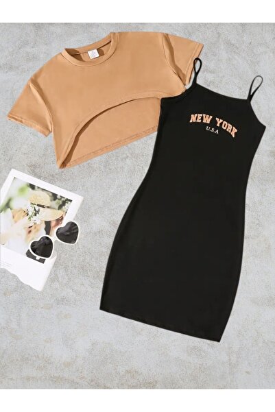 MEG WEAR Girls' New York Printed Crop T-Shirt Dress