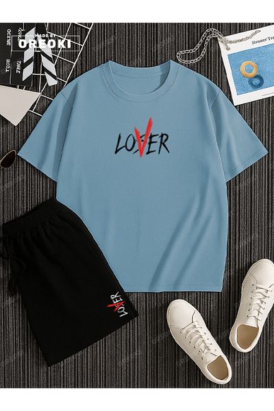 EFFRENATU Not a Lover Loser Printed Cotton Unisex Light Blue T-Shirt-Black Shorts Set