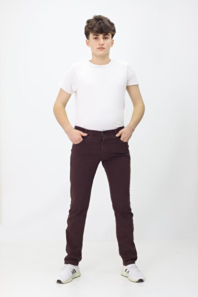 RAPİDO LİFE Erkek Çocuk Genç Bordo Renk Kot Pantolon Düğmeli Likralı Slim Fit Kesim