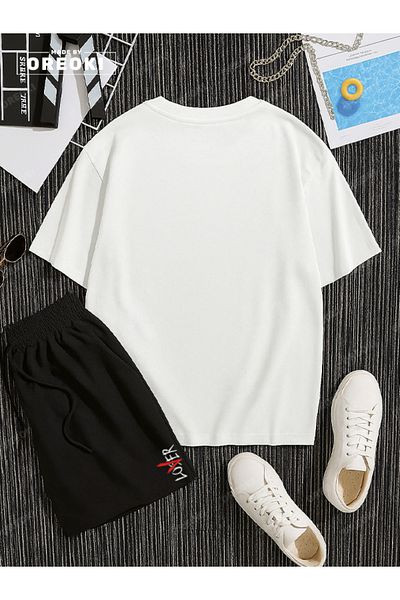 EFFRENATU Not a Lover Loser Printed Cotton Unisex White T-Shirt-Black Shorts Set