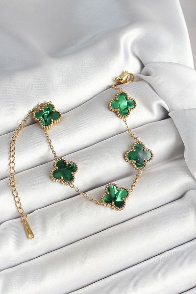 Clariss 316L Steel Pearlescent Emerald Green Gold Color Clover Women's Bracelet