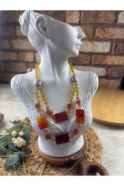 SEDEF TAKI Kahve gold doğal taşlı Vintage kolye