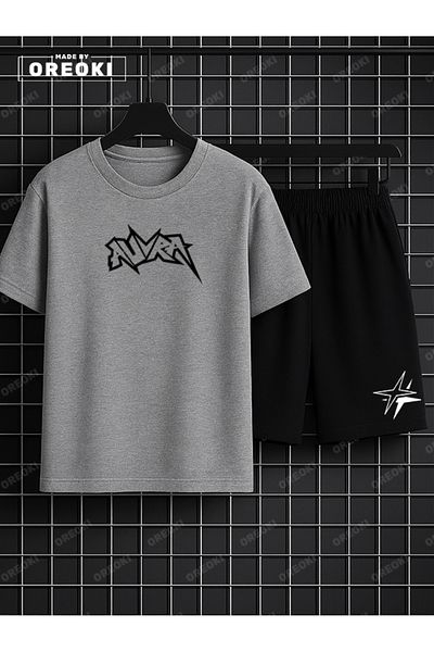EFFRENATU Aura Printed Cotton Unisex Gray T-Shirt-Black Shorts Set