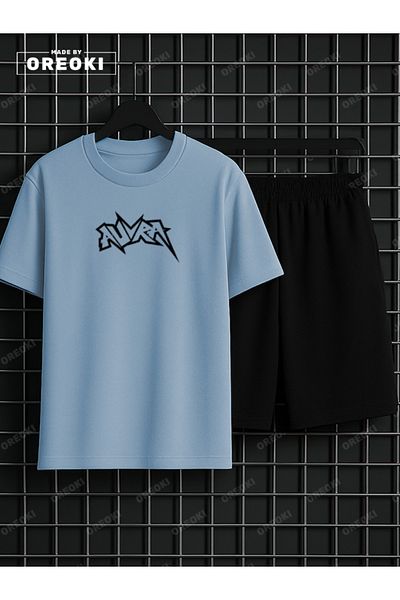 EFFRENATU Aura Printed Cotton Unisex Light Blue T-Shirt-Black Shorts Set