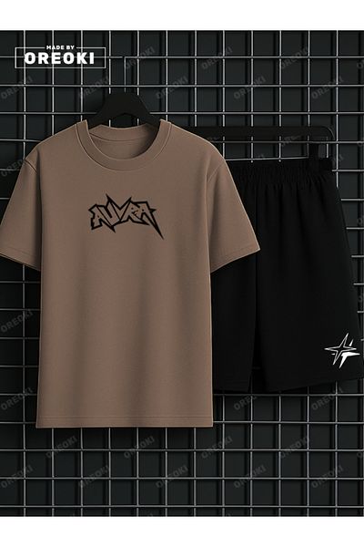 EFFRENATU Aura Printed Cotton Unisex Light Brown T-Shirt-Black Shorts Set