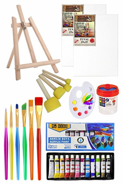 Artlantis Mini Şövale 25x35 2 li Tuval Mydido 12 Renk Akrilik Boya Başlangıç Seti Fırça Palet Ponpon Su Kabı M