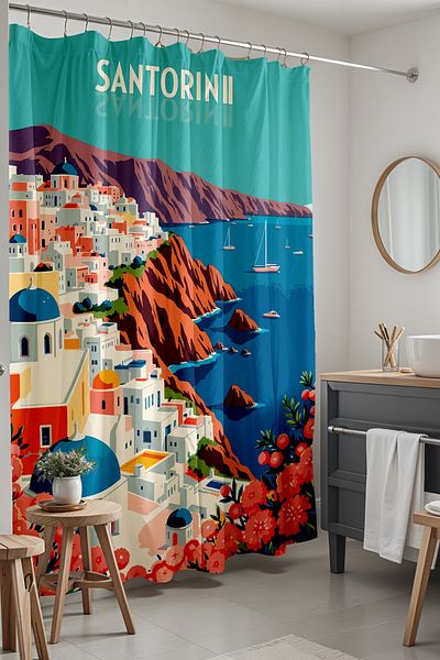 EVPANYA Perdeaua de baie, perdea de duș cu model coasta Santorini, perdea de cadă 175x200cm