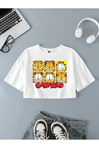 OVER HEAD Crop supradimensionat cu imprimeu Garfield alb pentru femei