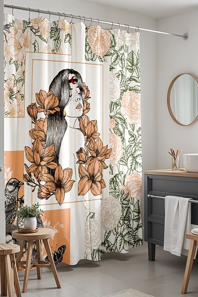 EVPANYA Κουρτίνα μπάνιου, Floral Bohemian Girl Κουρτίνα μπάνιου, Κουρτίνα μπανιέρας 175x200cm
