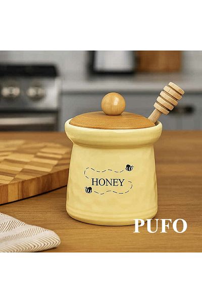 PUFO Borcan ceramic pentru miere cu capac și lingură pentru miere - Suport elegant pentru miere, perfect pentru bucătării rafinate