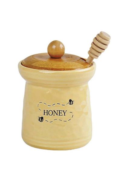 PUFO Borcan ceramic pentru miere cu capac și lingură pentru miere - Suport elegant pentru miere, perfect pentru bucătării rafinate