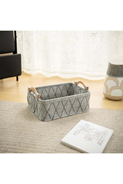 HONEYBEE سلة تخزين متينة على شكل مستطيل بمقبض خشبي باللونين الرمادي والأسود