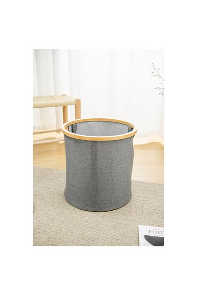 HONEYBEE Cylindrical Portable Eco Friendly Bamboo Laundry Basket with Handle Grey