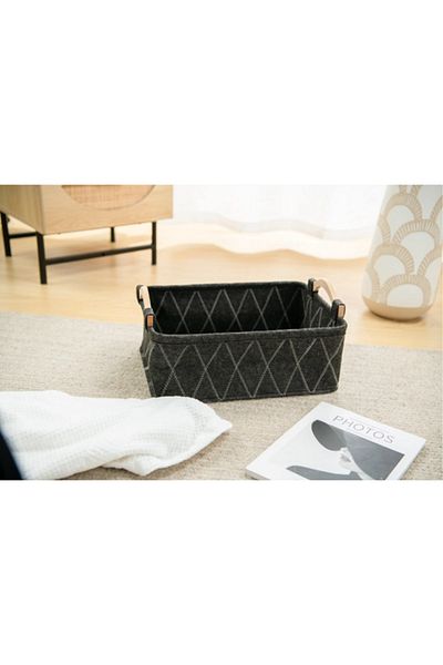 HONEYBEE Rectangular Shape Durable Storage Basket with Wooden Handle Black and Brown