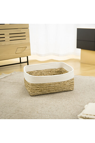 HONEYBEE Space-Saving Durable Lightweight Straw Storage Basket Brown and White