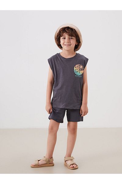 LC Waikiki Anthracite Crew Neck Printed Boys Undershirt
