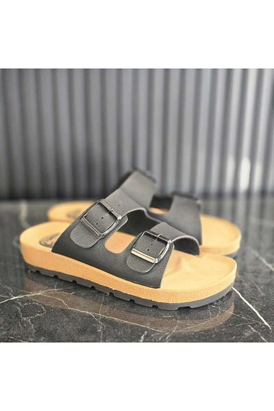 GEZER Summer Faux Leather Two Buckle Adjustable Comfort Massage Casual Slippers with Inner Sole
