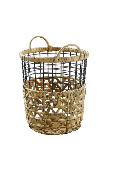 HONEYBEE Cylindrical Shape Portable Ventilated Water Hyacinth Laundry Basket with Handle Brown