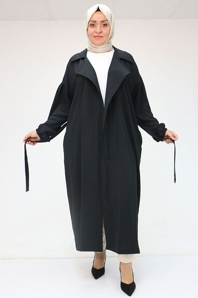 Eslina 53008 Plus Size Trench Coat with Mostral Belt on the Front - Black