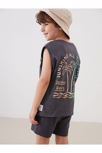 LC Waikiki Anthracite Crew Neck Printed Boys Undershirt