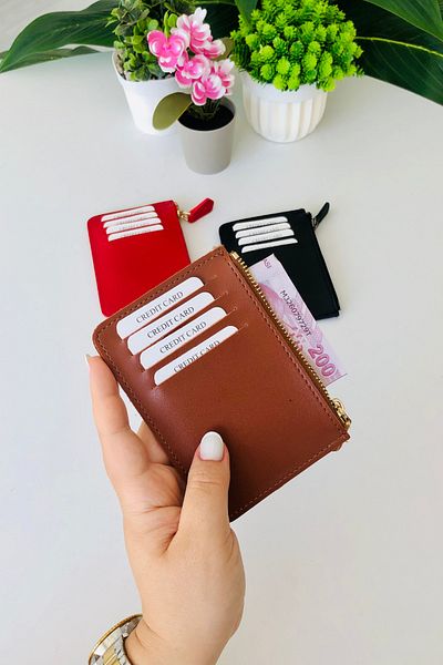derius Mia 8 Card Compartment Double Sided Tan Super Slim Card Holder (Zipper Compartment)
