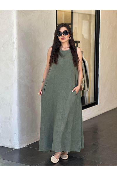 Ranasubaşı 100% Linen Zero Sleeve Dress Khaki