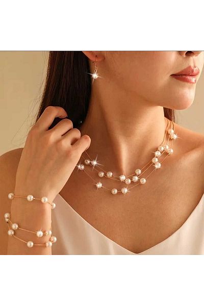 TUHAM AKSESUAR Lake Coating Silver Pearl Jewelry Set