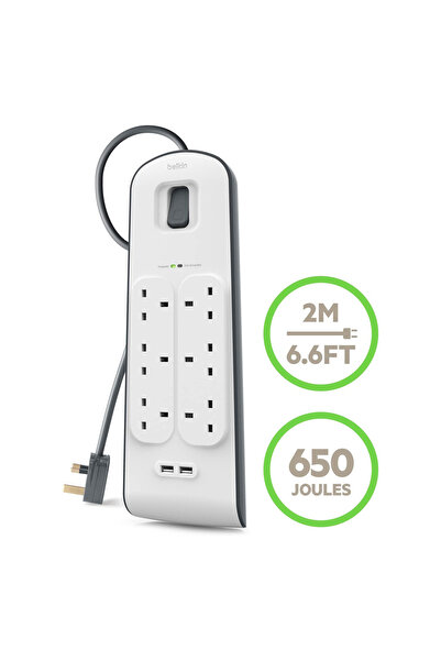 Belkin 6 Way 2 Meter Surge Protection Strip with x 2.4 Ampere USB Charging