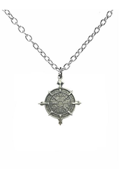 Herşey Nota Viking Compass (Vegvísir) Figured Unisex Necklace – with 60 cm Chain, Symbol of Direction and Protection